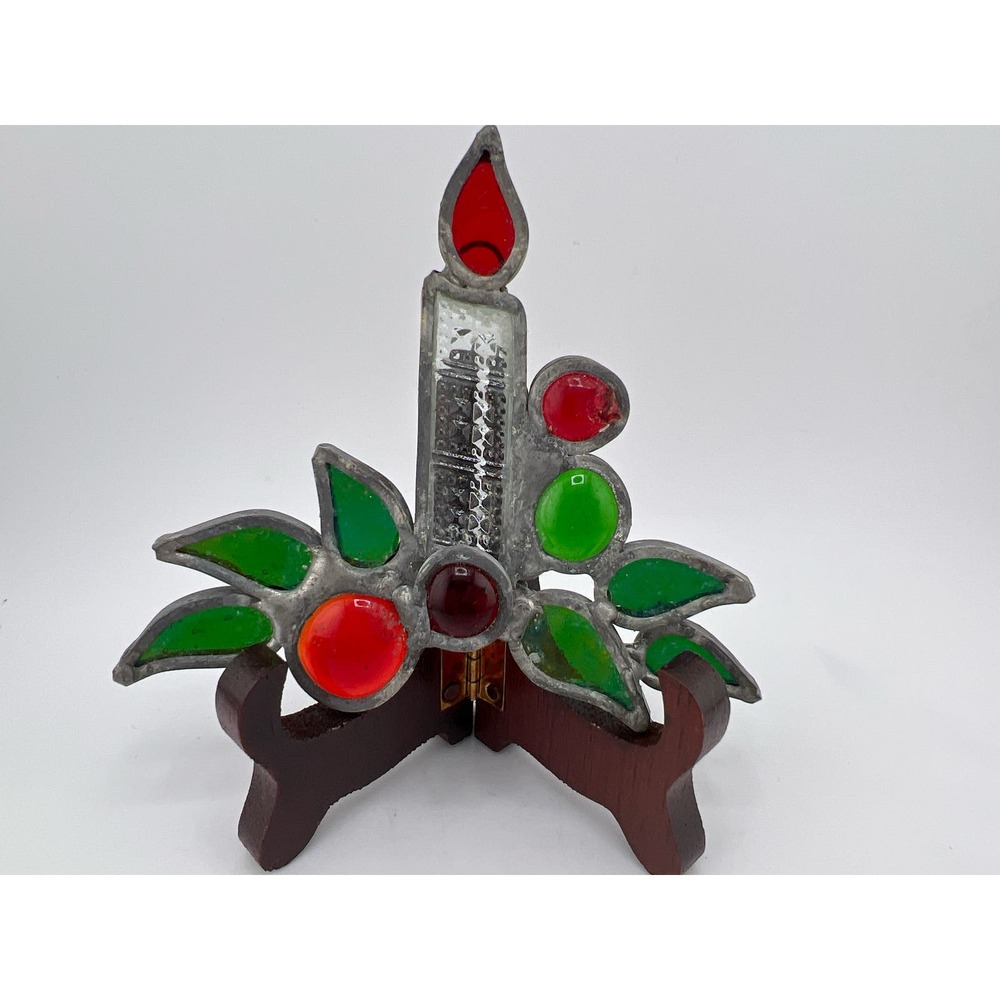 Small Stained Glass Candle 90s Vintage‎ Holly Christmas Decor Classic Nostalgia